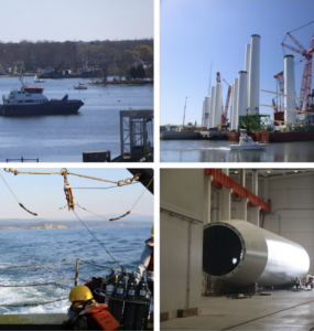 A group of four photos showing various offshore wind and port development activities